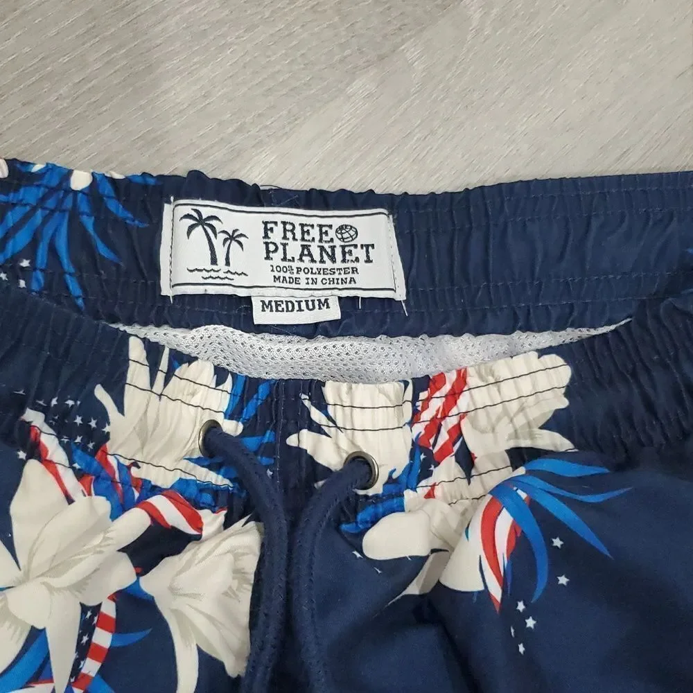 Free Planet Red, White & Blue Beach Swim Trunks Size Medium